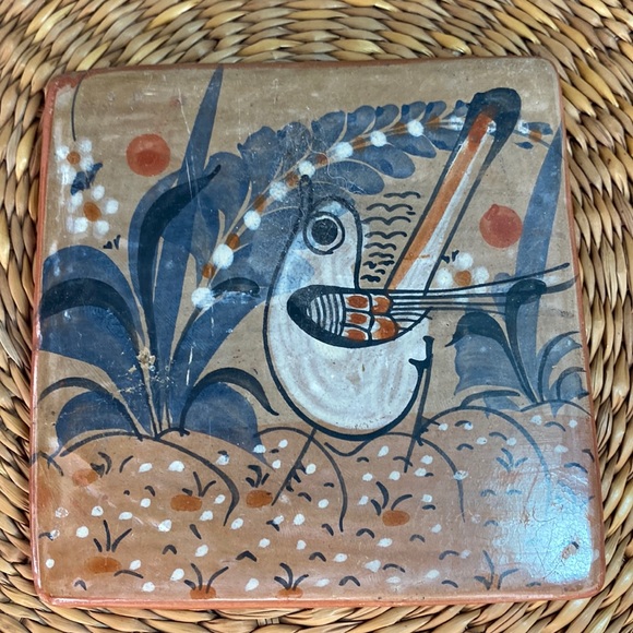 Vintage Mexico 1977 Bird Hand Painted Ceramic Tonala Style Tile